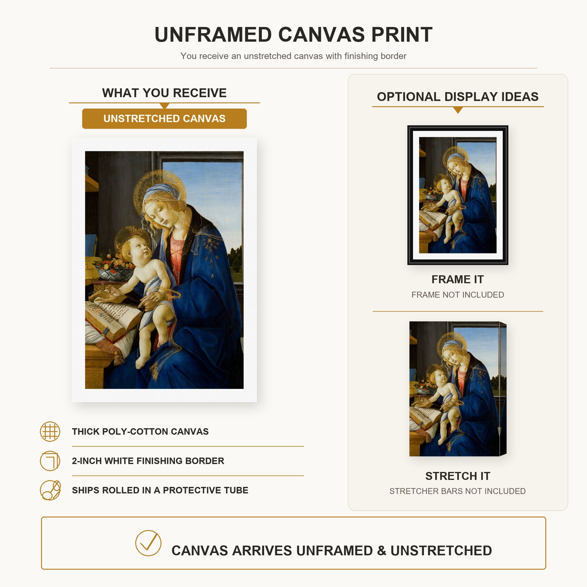 Sandro Botticelli - Madonna of the Book canvas print size comparison and framing display infographic