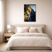 Gallery-wrapped canvas print of Sandro Botticelli's Madonna of the Book displayed on a wall in a bedroom