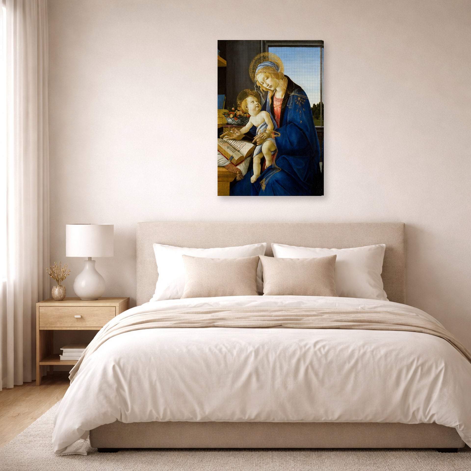 Gallery-wrapped canvas print of Sandro Botticelli's Madonna of the Book displayed on a wall in a bedroom
