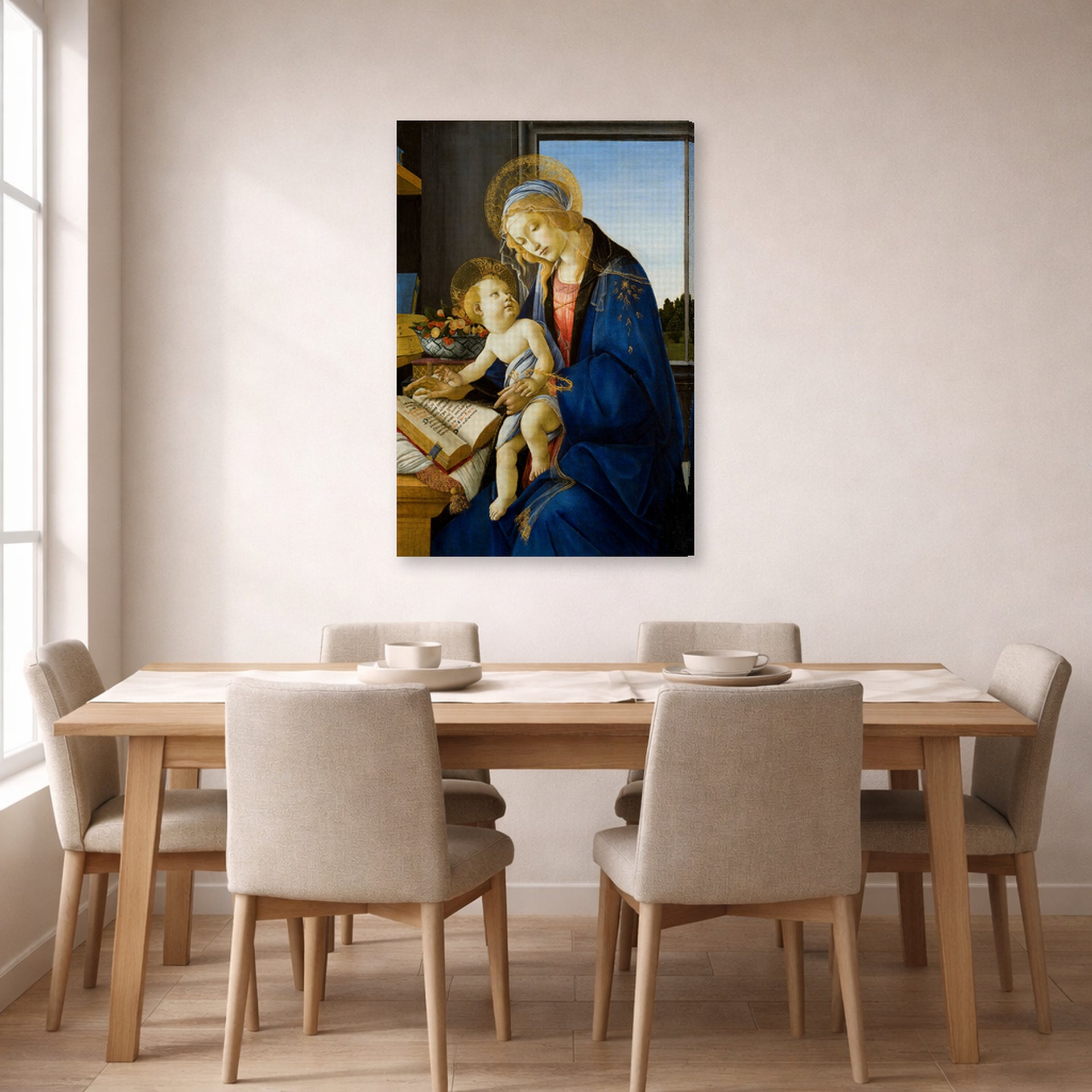 Gallery-wrapped canvas print of Sandro Botticelli's Madonna of the Book displayed on a wall in a dining room