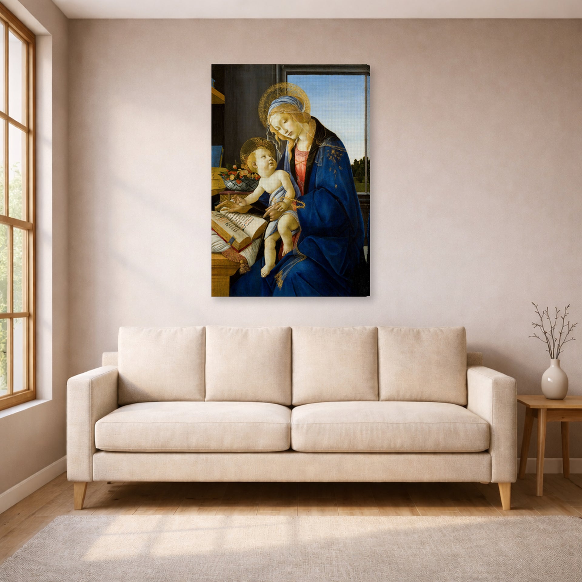 Gallery-wrapped canvas print of Sandro Botticelli's Madonna of the Book displayed on a wall in a living room
