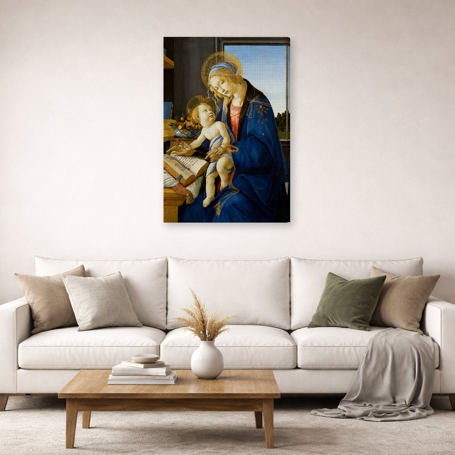 Gallery-wrapped canvas print of Sandro Botticelli's Madonna of the Book displayed on a wall in a living room