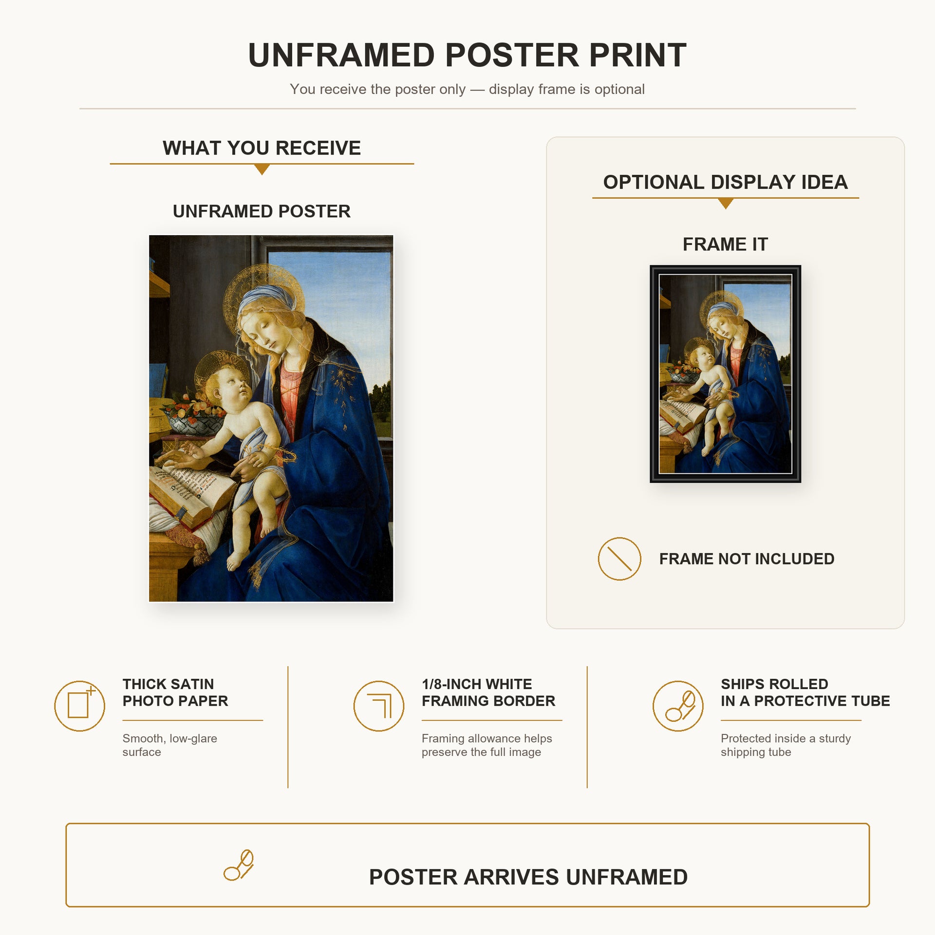 Sandro Botticelli - Madonna of the Book poster print size comparison and framing display infographic
