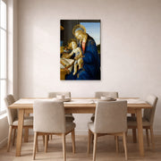 Unframed poster print of Sandro Botticelli's Madonna of the Book displayed on a wall in a dining room