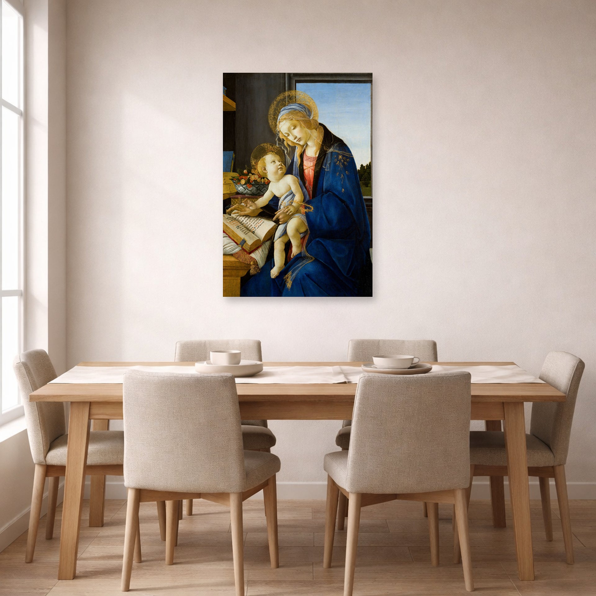 Unframed poster print of Sandro Botticelli's Madonna of the Book displayed on a wall in a dining room