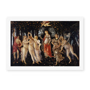 Sandro Botticelli's 'Primavera' painting, depicting an allegorical garden scene celebrating spring, reproduced as a rolled canvas print