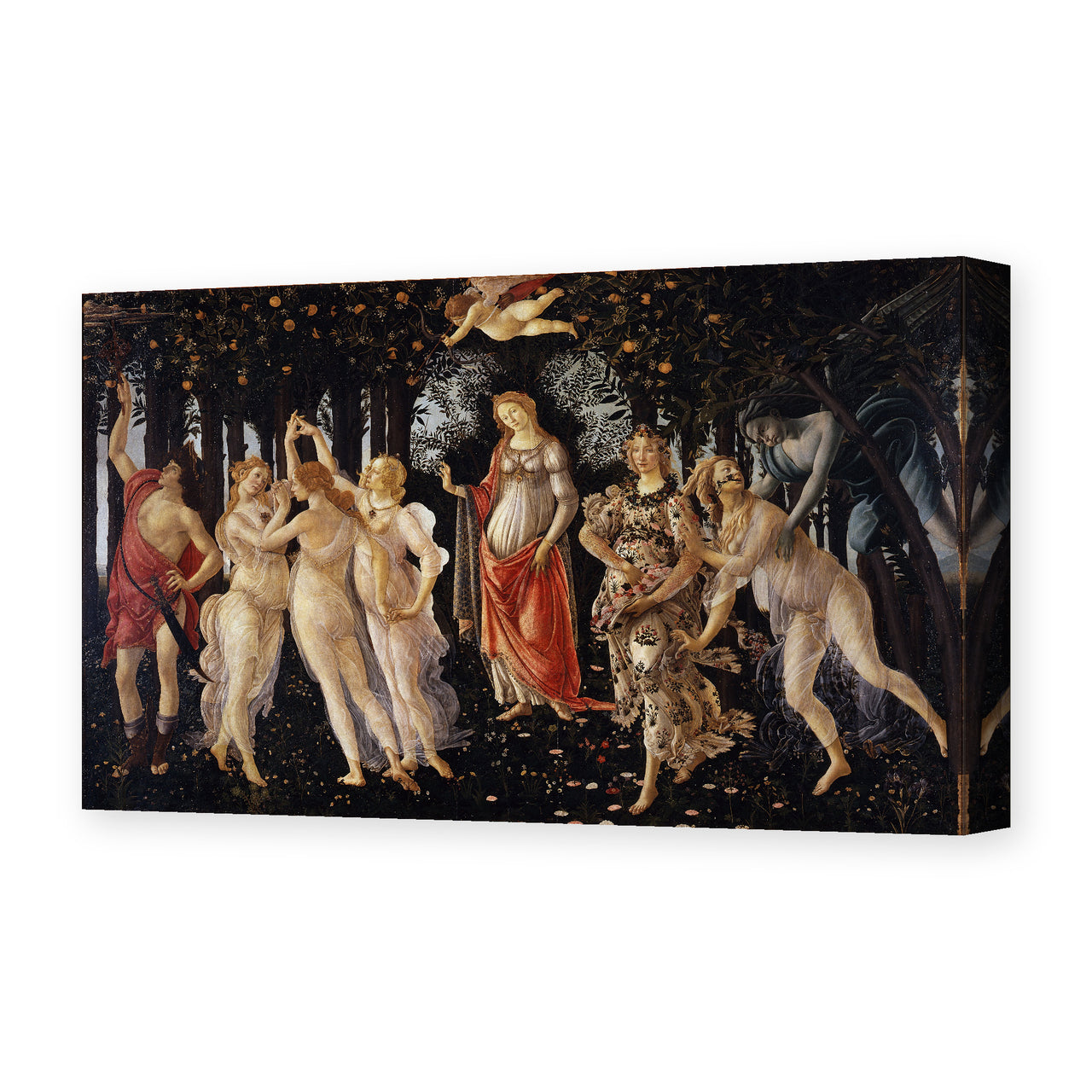 Sandro Botticelli's 'Primavera' painting, depicting an allegorical garden scene celebrating spring, reproduced as a gallery-wrapped canvas print