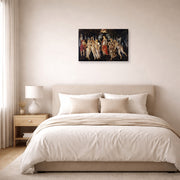 Gallery-wrapped canvas print of Sandro Botticelli's Primavera displayed on a wall in a bedroom