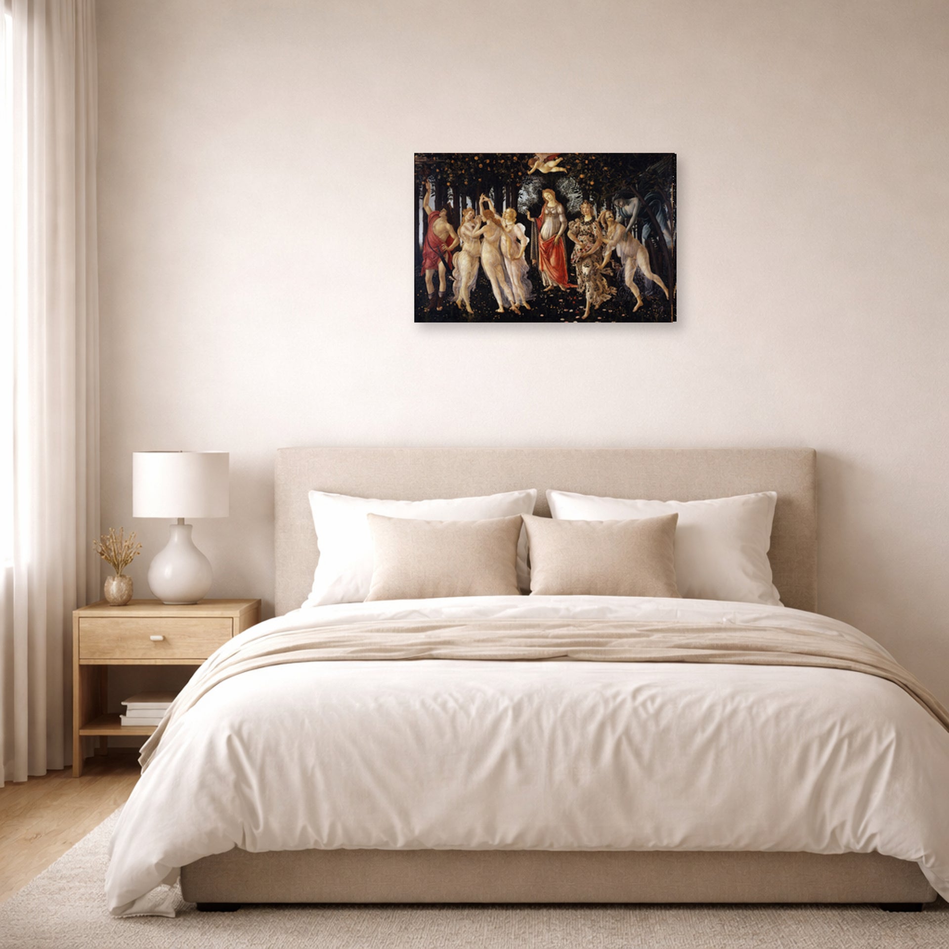 Gallery-wrapped canvas print of Sandro Botticelli's Primavera displayed on a wall in a bedroom