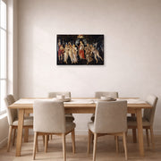 Gallery-wrapped canvas print of Sandro Botticelli's Primavera displayed on a wall in a dining room