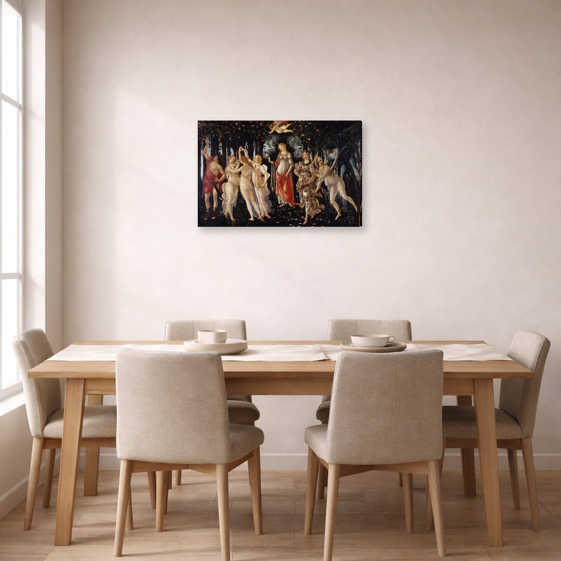 Gallery-wrapped canvas print of Sandro Botticelli's Primavera displayed on a wall in a dining room