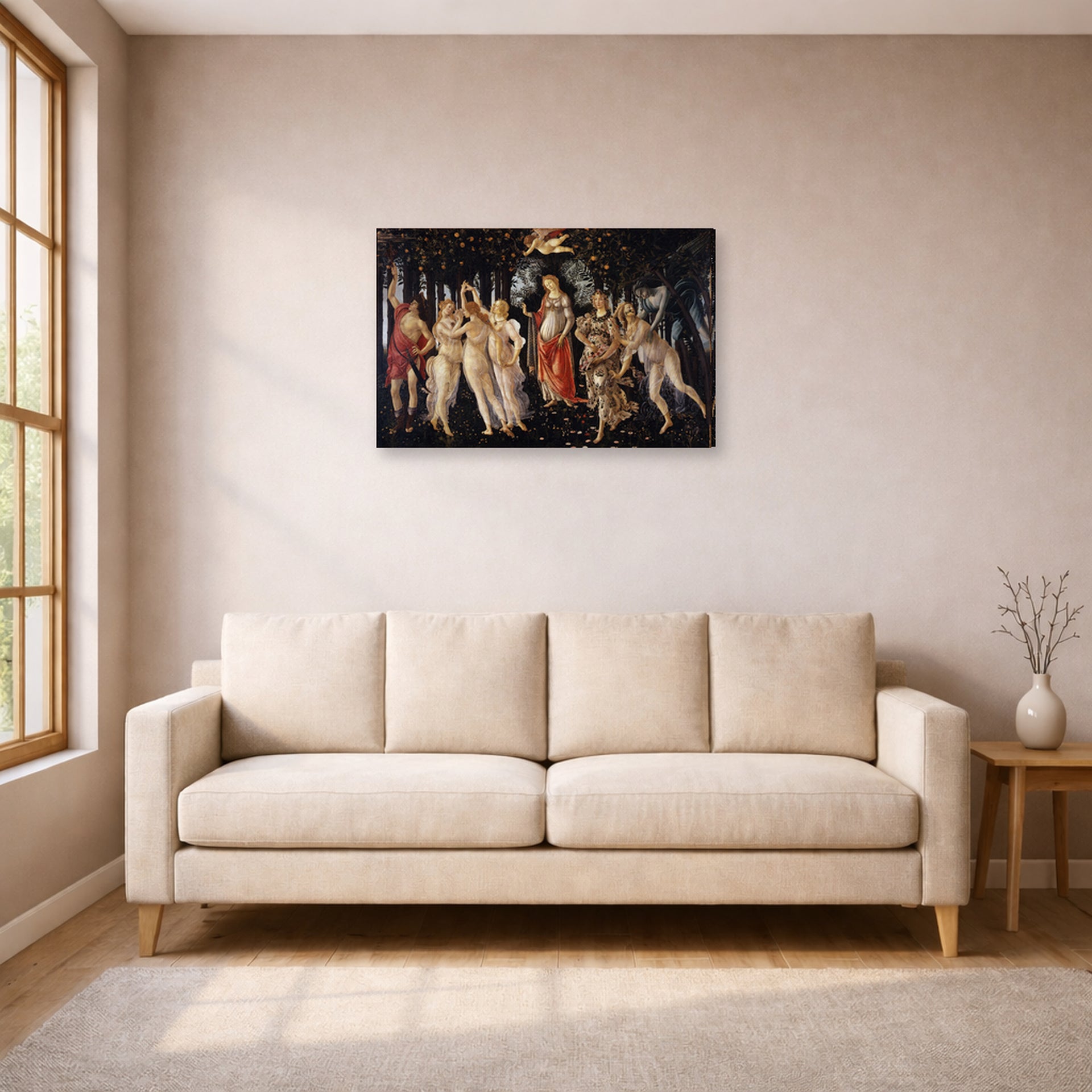 Gallery-wrapped canvas print of Sandro Botticelli's Primavera displayed on a wall in a living room
