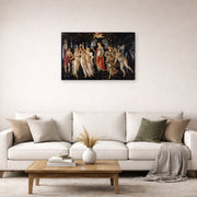 Gallery-wrapped canvas print of Sandro Botticelli's Primavera displayed on a wall in a living room
