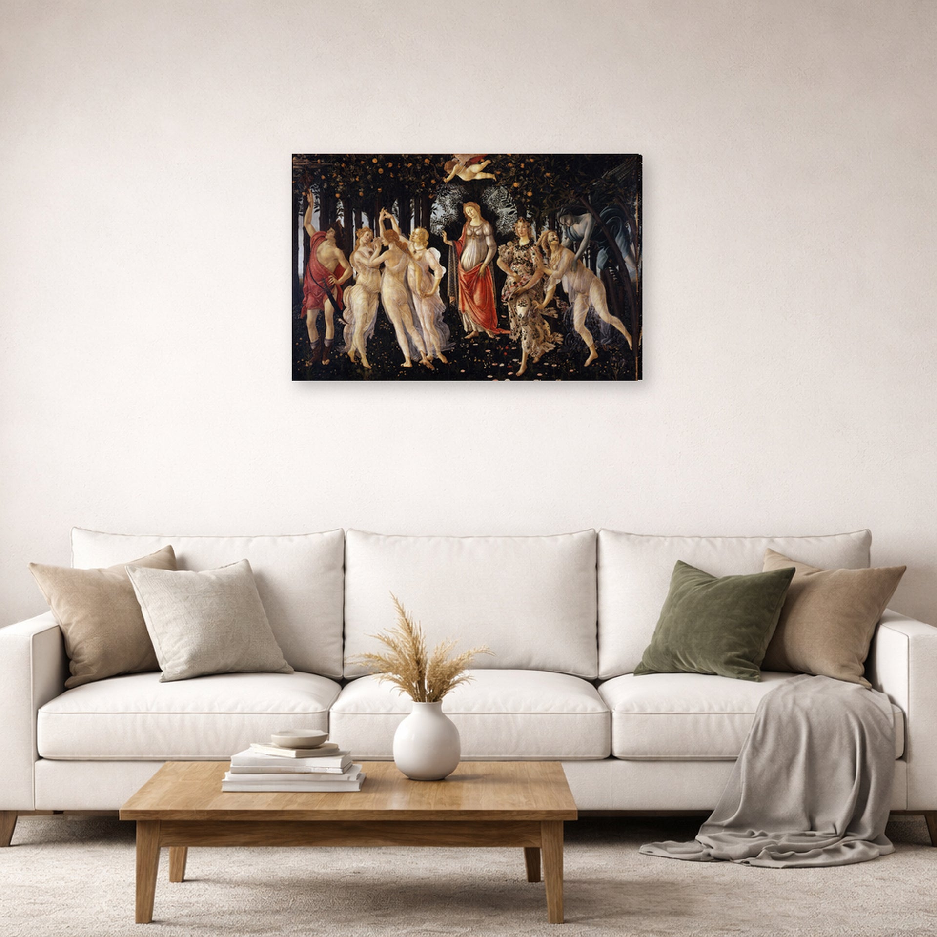 Gallery-wrapped canvas print of Sandro Botticelli's Primavera displayed on a wall in a living room
