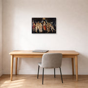 Gallery-wrapped canvas print of Sandro Botticelli's Primavera displayed on a wall in an office