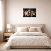 Unframed poster print of Sandro Botticelli's Primavera displayed on a wall in a bedroom