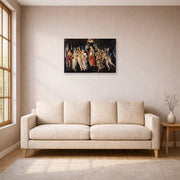 Unframed poster print of Sandro Botticelli's Primavera displayed on a wall in a living room