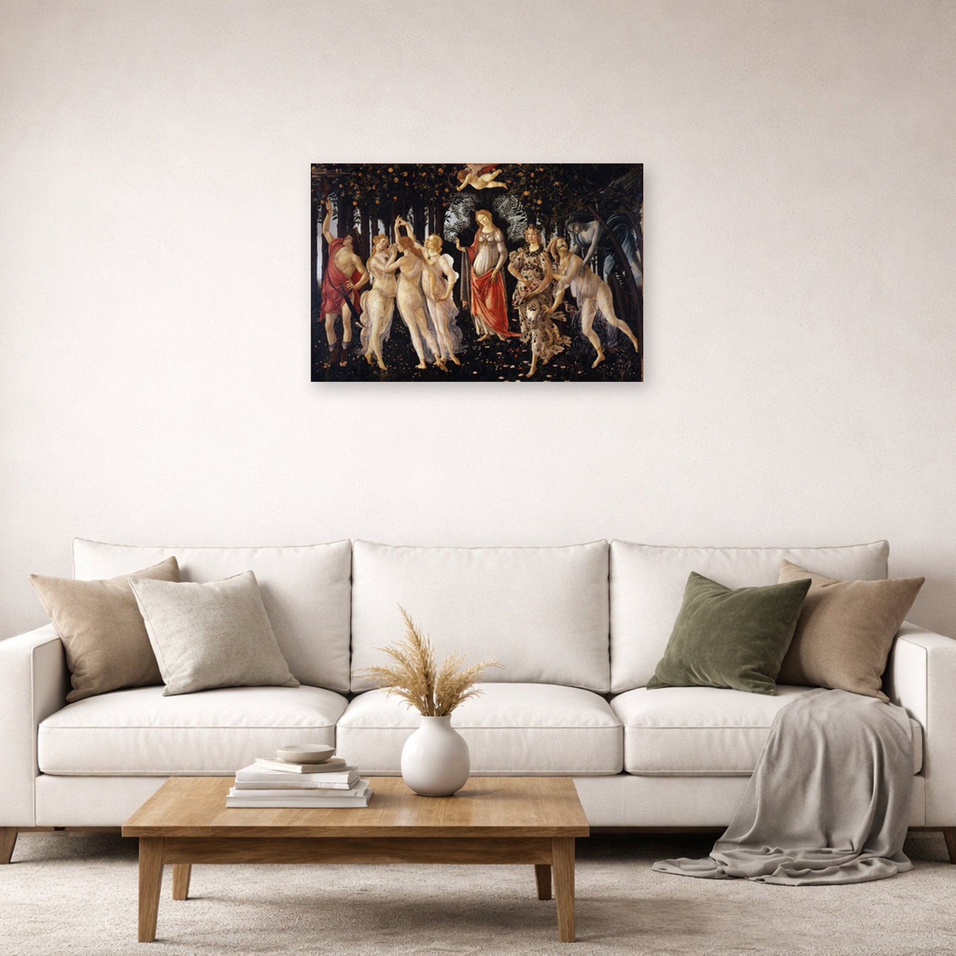 Unframed poster print of Sandro Botticelli's Primavera displayed on a wall in a living room