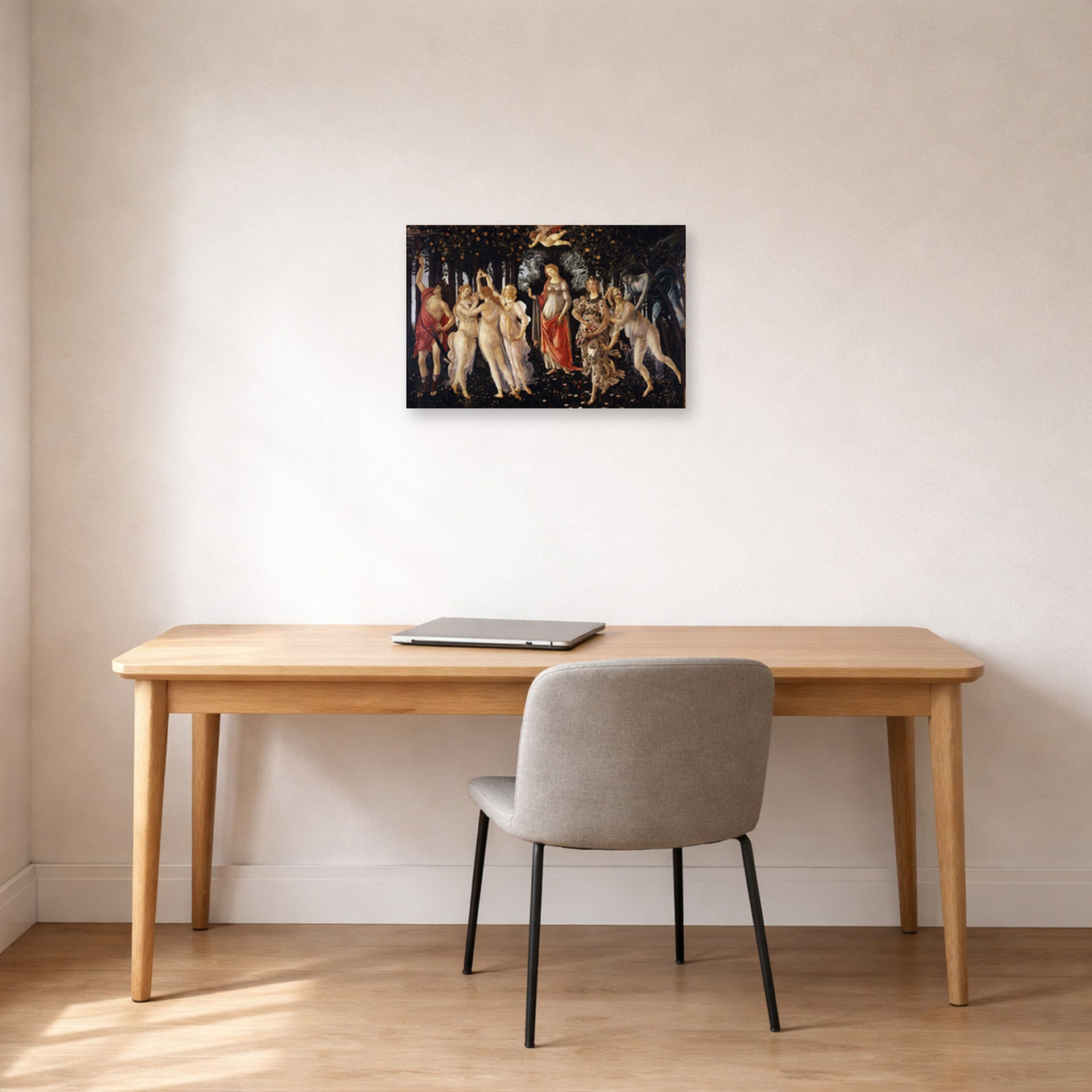 Unframed poster print of Sandro Botticelli's Primavera displayed on a wall in an office