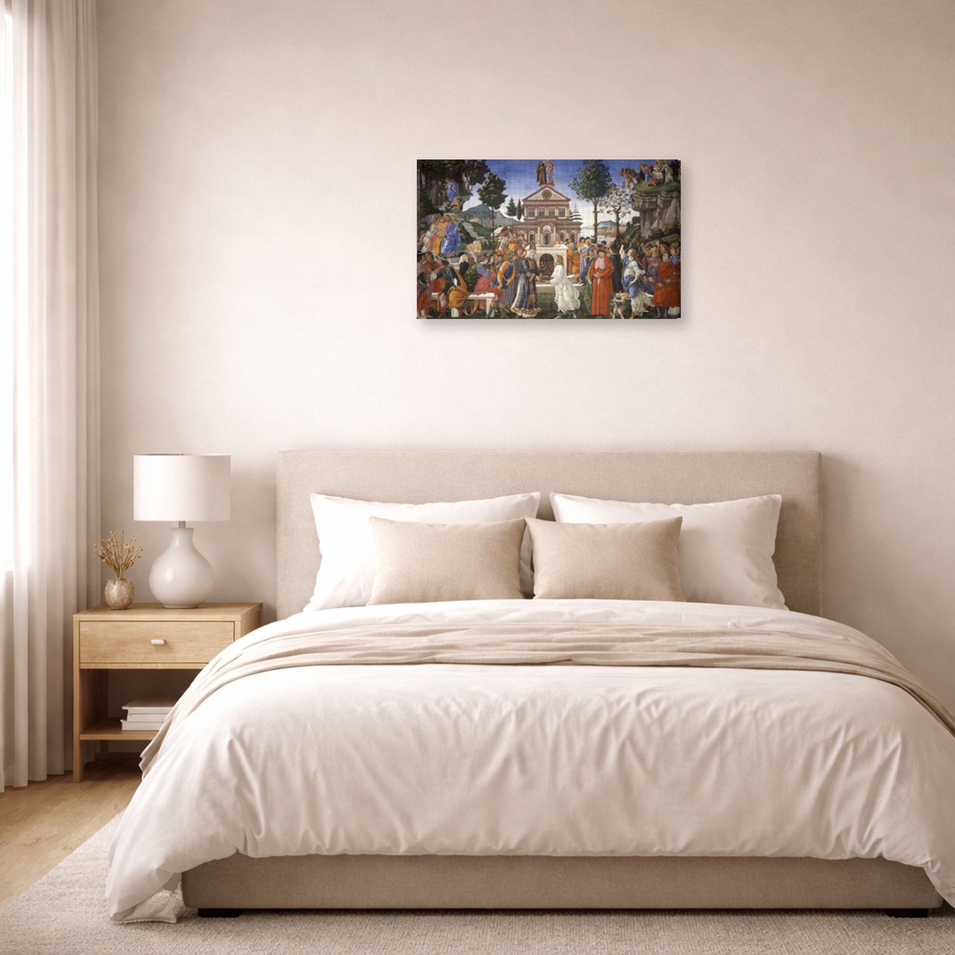 Gallery-wrapped canvas print of Sandro Botticelli's The Temptations of Christ displayed on a wall in a bedroom