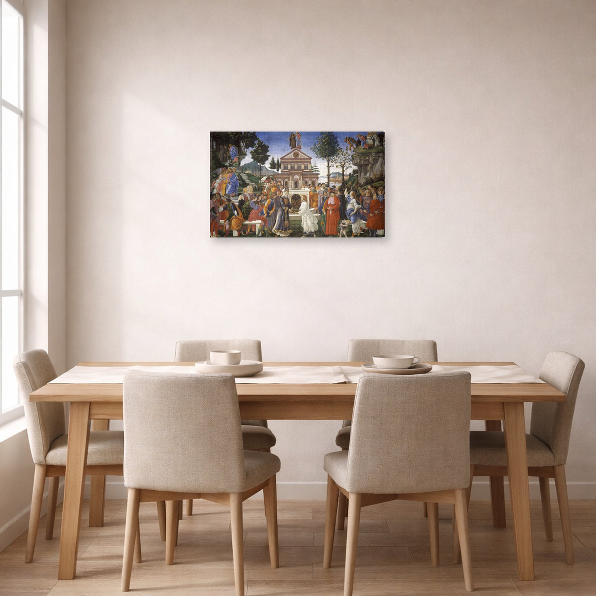 Gallery-wrapped canvas print of Sandro Botticelli's The Temptations of Christ displayed on a wall in a dining room