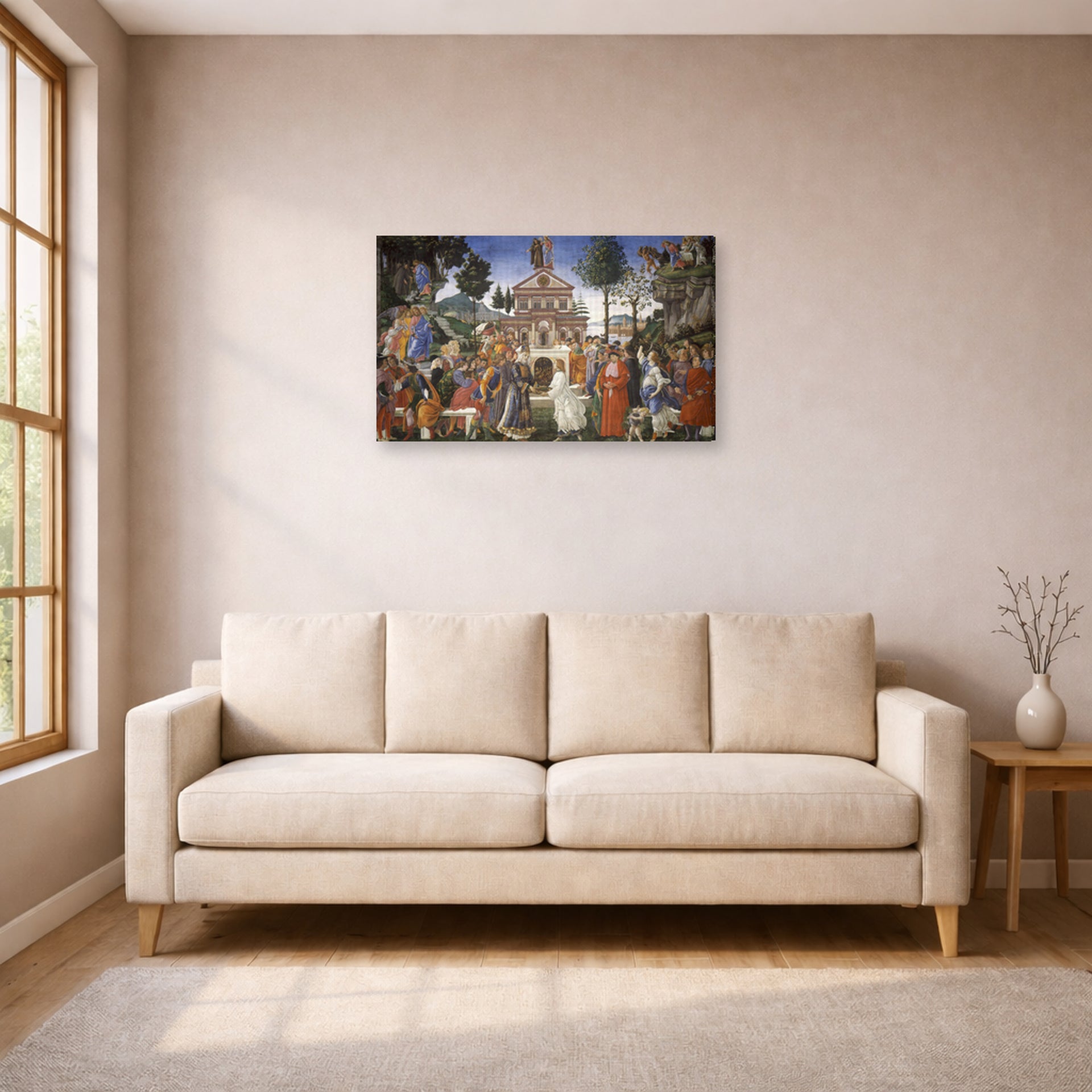 Gallery-wrapped canvas print of Sandro Botticelli's The Temptations of Christ displayed on a wall in a living room