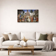 Gallery-wrapped canvas print of Sandro Botticelli's The Temptations of Christ displayed on a wall in a living room