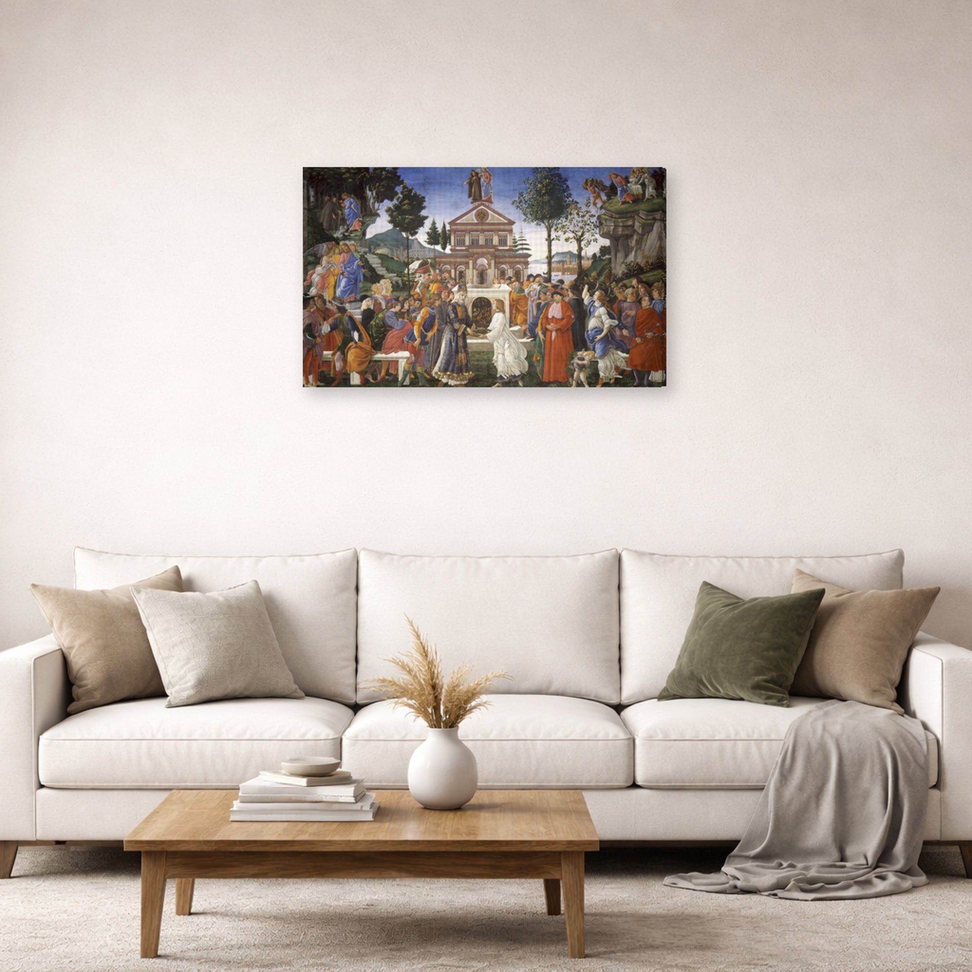 Gallery-wrapped canvas print of Sandro Botticelli's The Temptations of Christ displayed on a wall in a living room