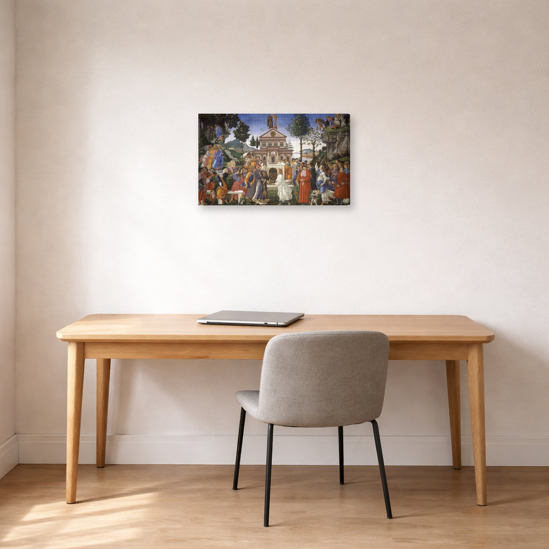 Gallery-wrapped canvas print of Sandro Botticelli's The Temptations of Christ displayed on a wall in an office