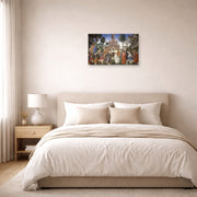 Unframed poster print of Sandro Botticelli's The Temptations of Christ displayed on a wall in a bedroom