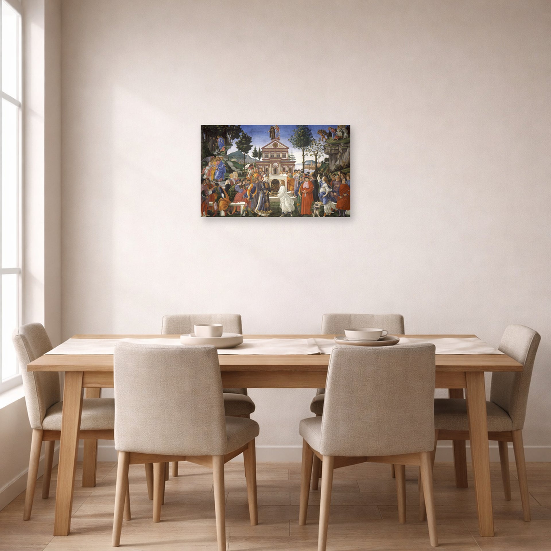 Unframed poster print of Sandro Botticelli's The Temptations of Christ displayed on a wall in a dining room