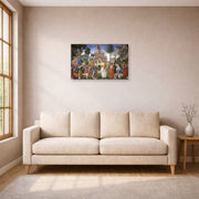 Unframed poster print of Sandro Botticelli's The Temptations of Christ displayed on a wall in a living room
