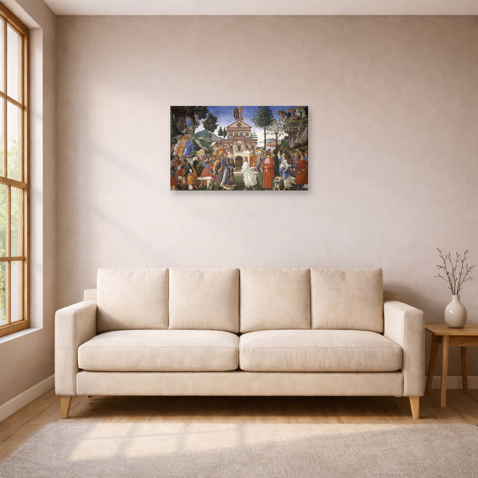 Unframed poster print of Sandro Botticelli's The Temptations of Christ displayed on a wall in a living room