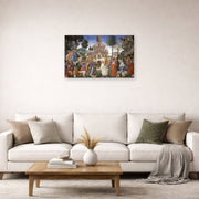 Unframed poster print of Sandro Botticelli's The Temptations of Christ displayed on a wall in a living room