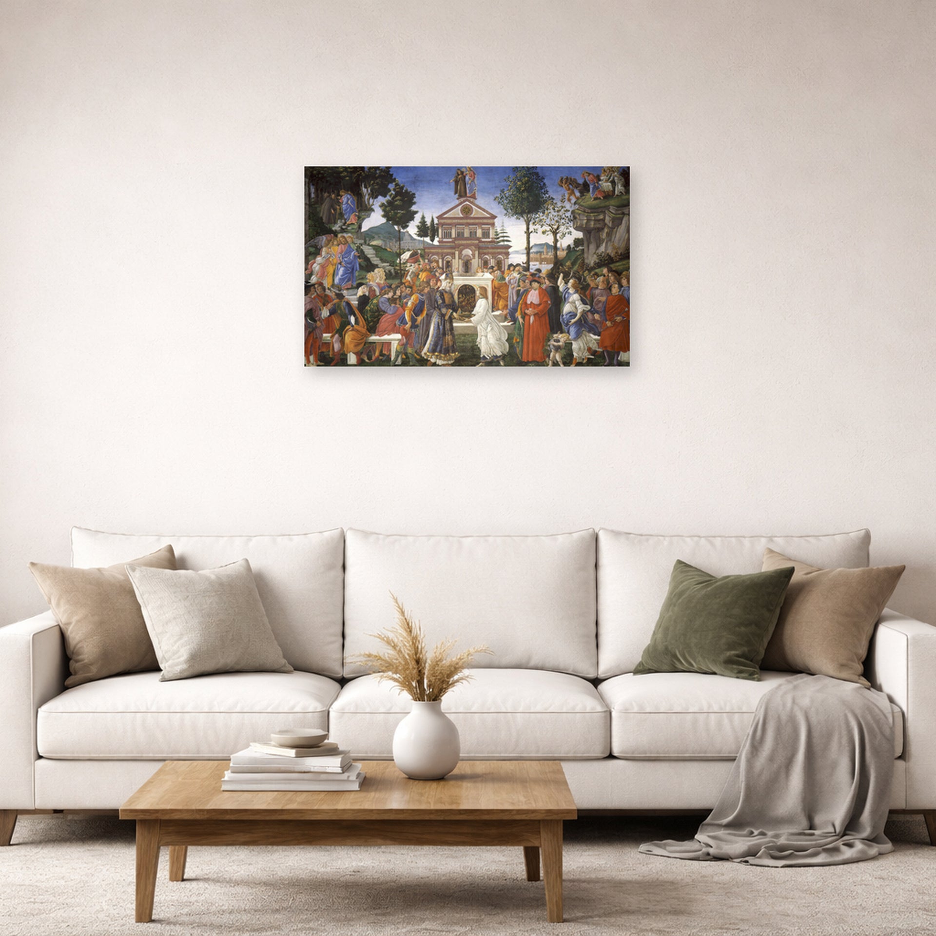 Unframed poster print of Sandro Botticelli's The Temptations of Christ displayed on a wall in a living room