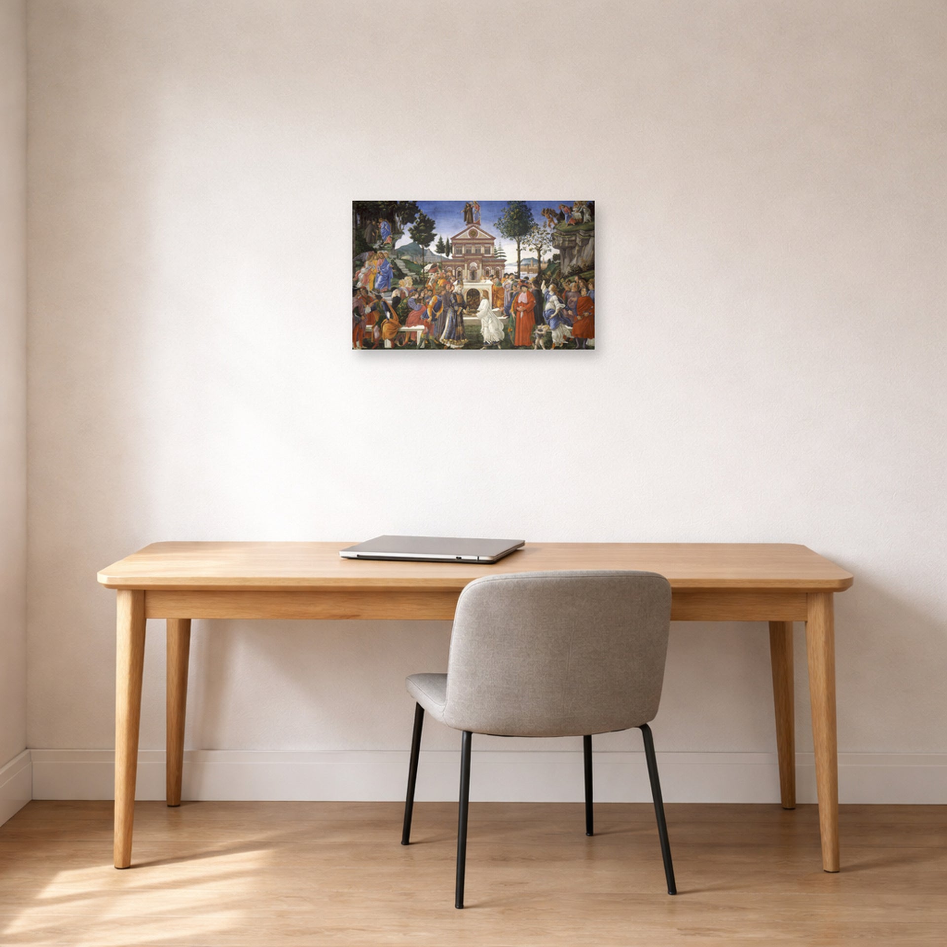 Unframed poster print of Sandro Botticelli's The Temptations of Christ displayed on a wall in an office