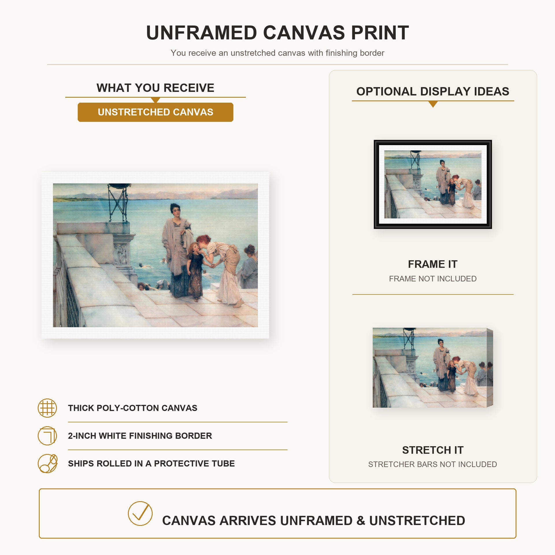 Sir Lawrence Alma-Tadema - A Kiss canvas print size comparison and framing display infographic