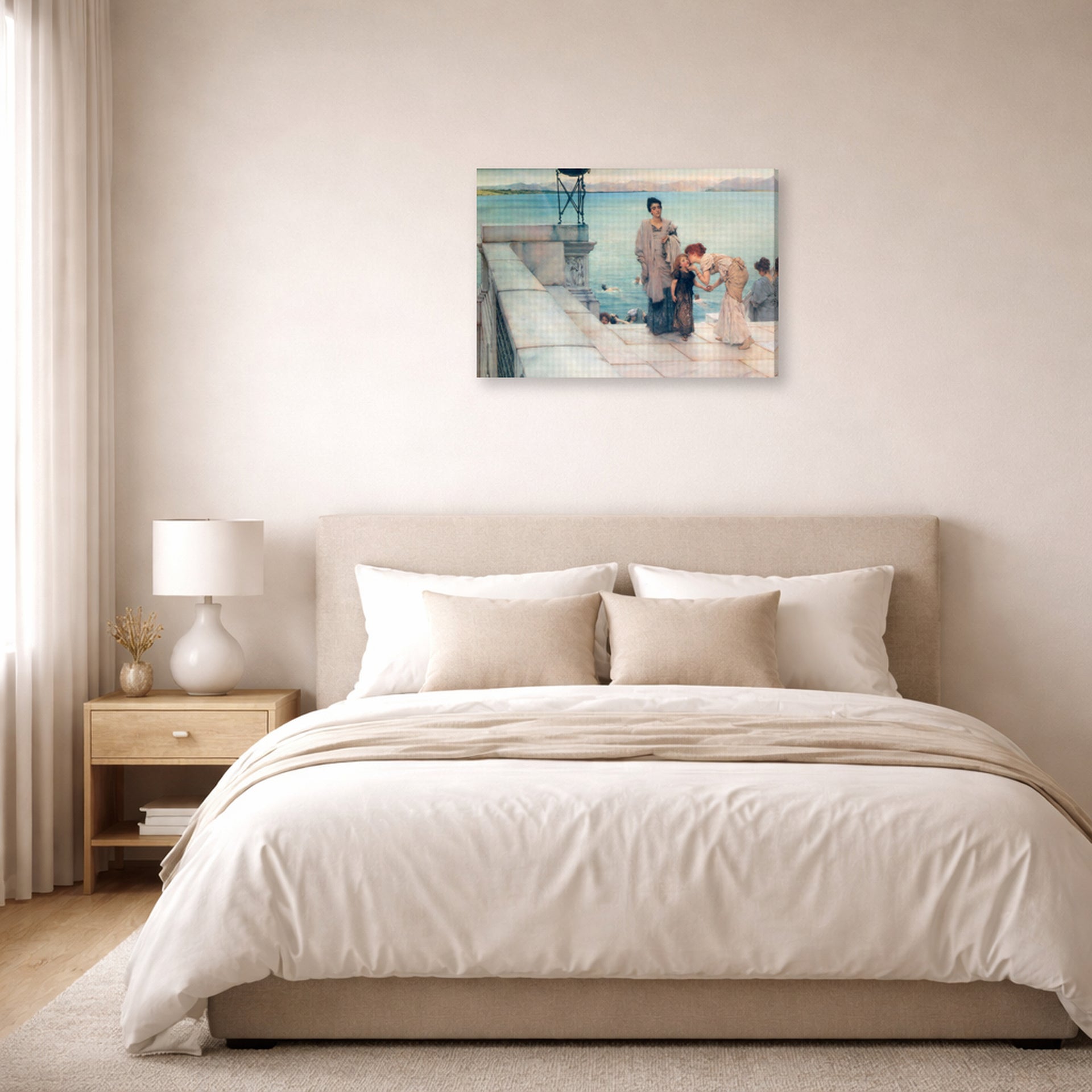 Gallery-wrapped canvas print of Sir Lawrence Alma-Tadema's A Kiss displayed on a wall in a bedroom