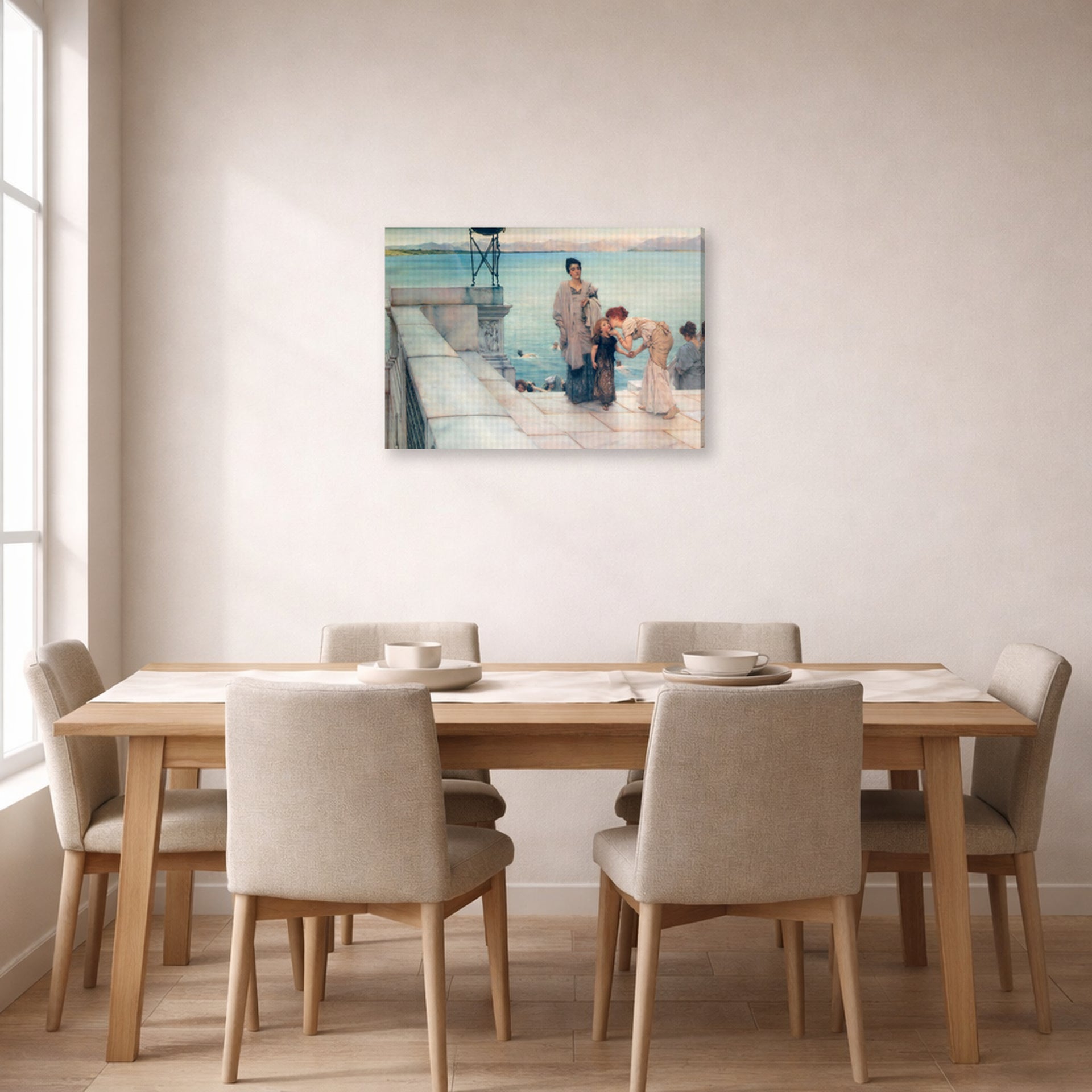 Gallery-wrapped canvas print of Sir Lawrence Alma-Tadema's A Kiss displayed on a wall in a dining