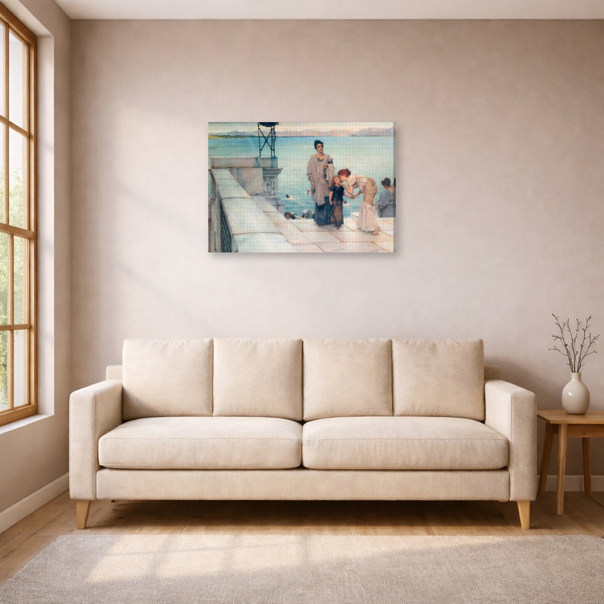 Gallery-wrapped canvas print of Sir Lawrence Alma-Tadema's A Kiss displayed on a wall in a living room