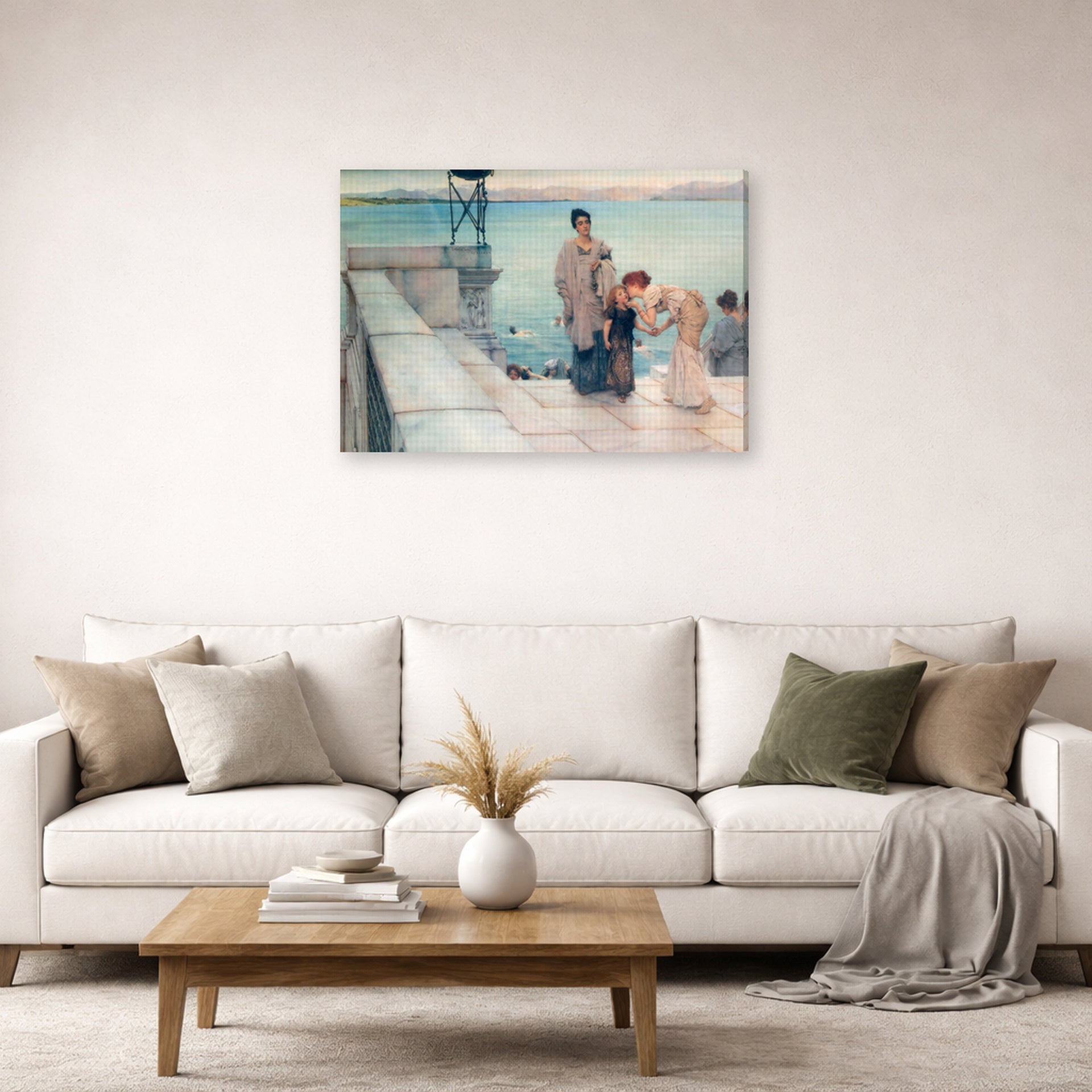 Gallery-wrapped canvas print of Sir Lawrence Alma-Tadema's A Kiss displayed on a wall in a living room