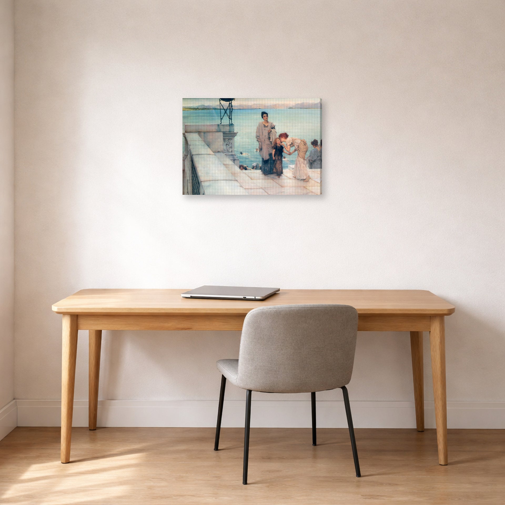 Gallery-wrapped canvas print of Sir Lawrence Alma-Tadema's A Kiss displayed on a wall in a office