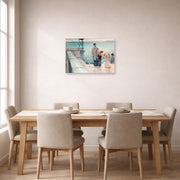 Unframed poster print of Sir Lawrence Alma-Tadema's A Kiss displayed on a wall in a dining