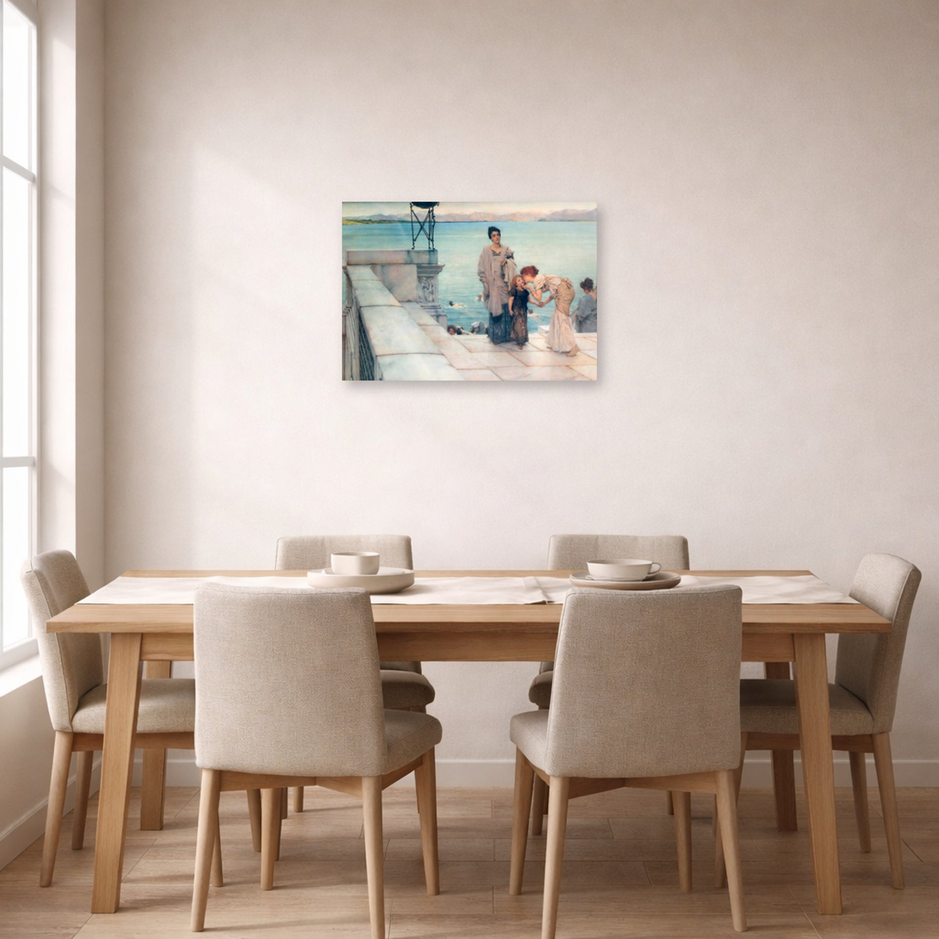 Unframed poster print of Sir Lawrence Alma-Tadema's A Kiss displayed on a wall in a dining