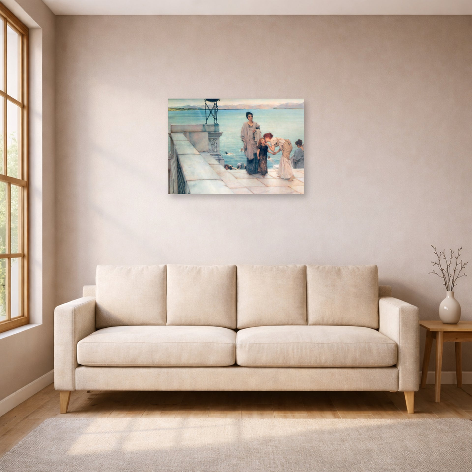 Unframed poster print of Sir Lawrence Alma-Tadema's A Kiss displayed on a wall in a living room