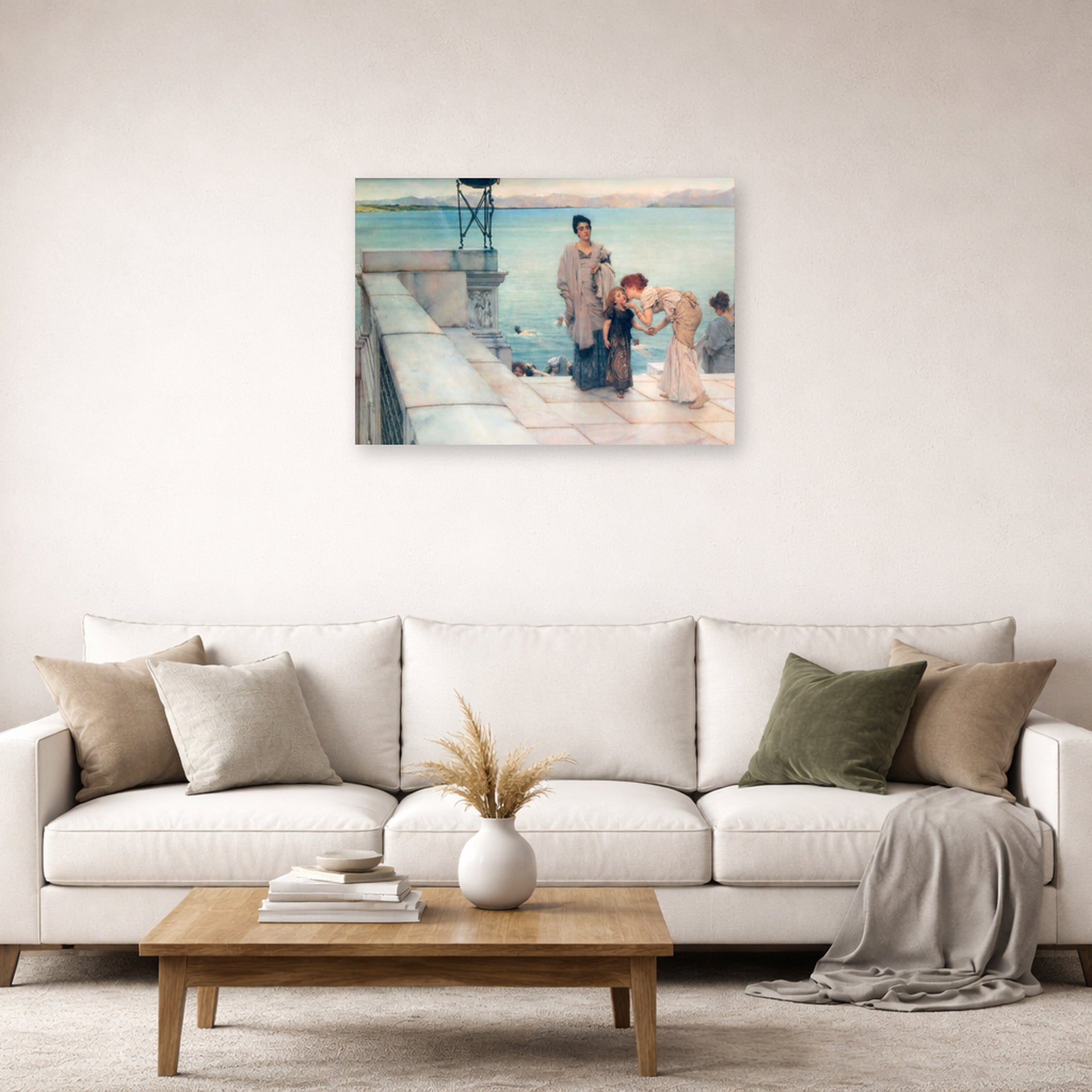 Unframed poster print of Sir Lawrence Alma-Tadema's A Kiss displayed on a wall in a living room