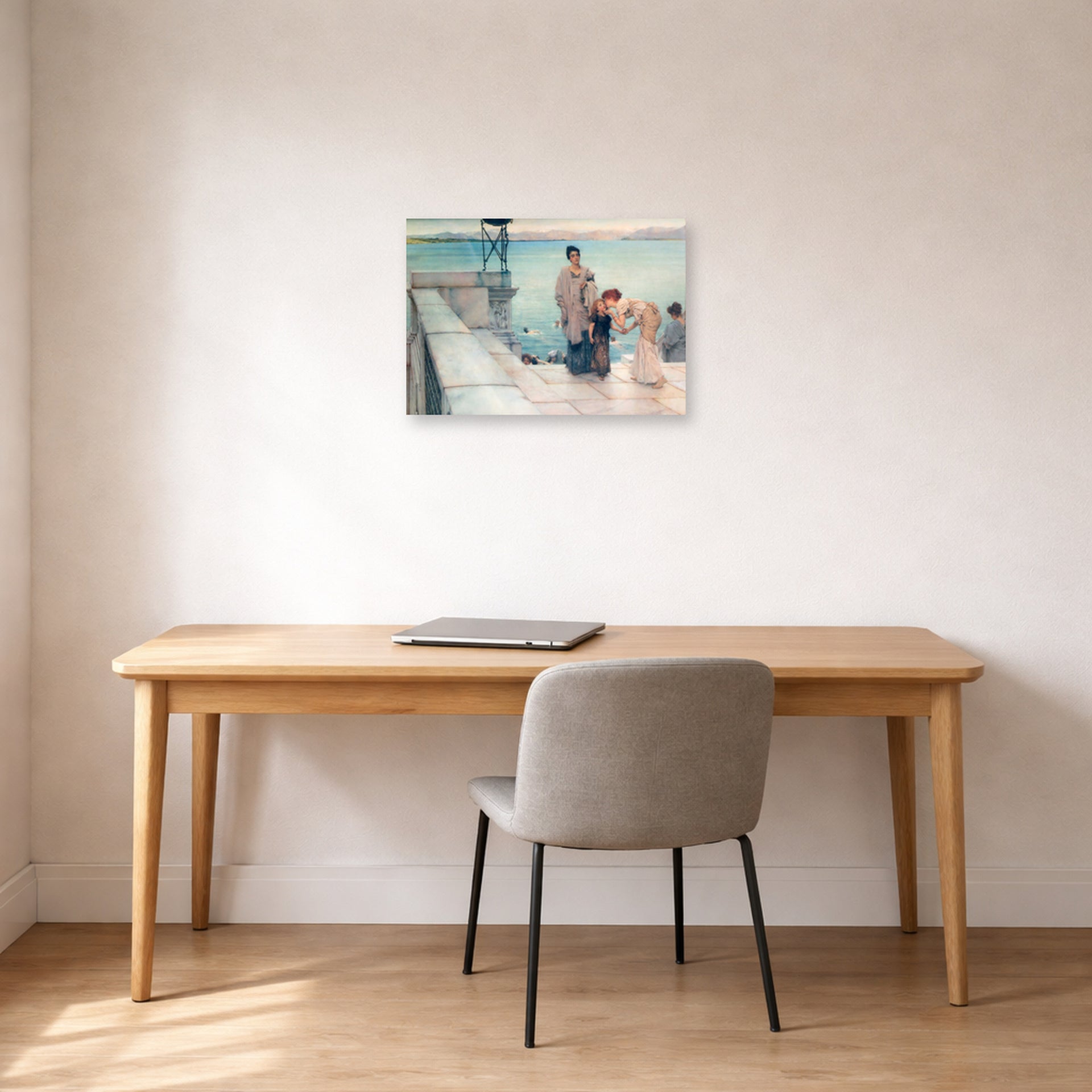Unframed poster print of Sir Lawrence Alma-Tadema's A Kiss displayed on a wall in a office