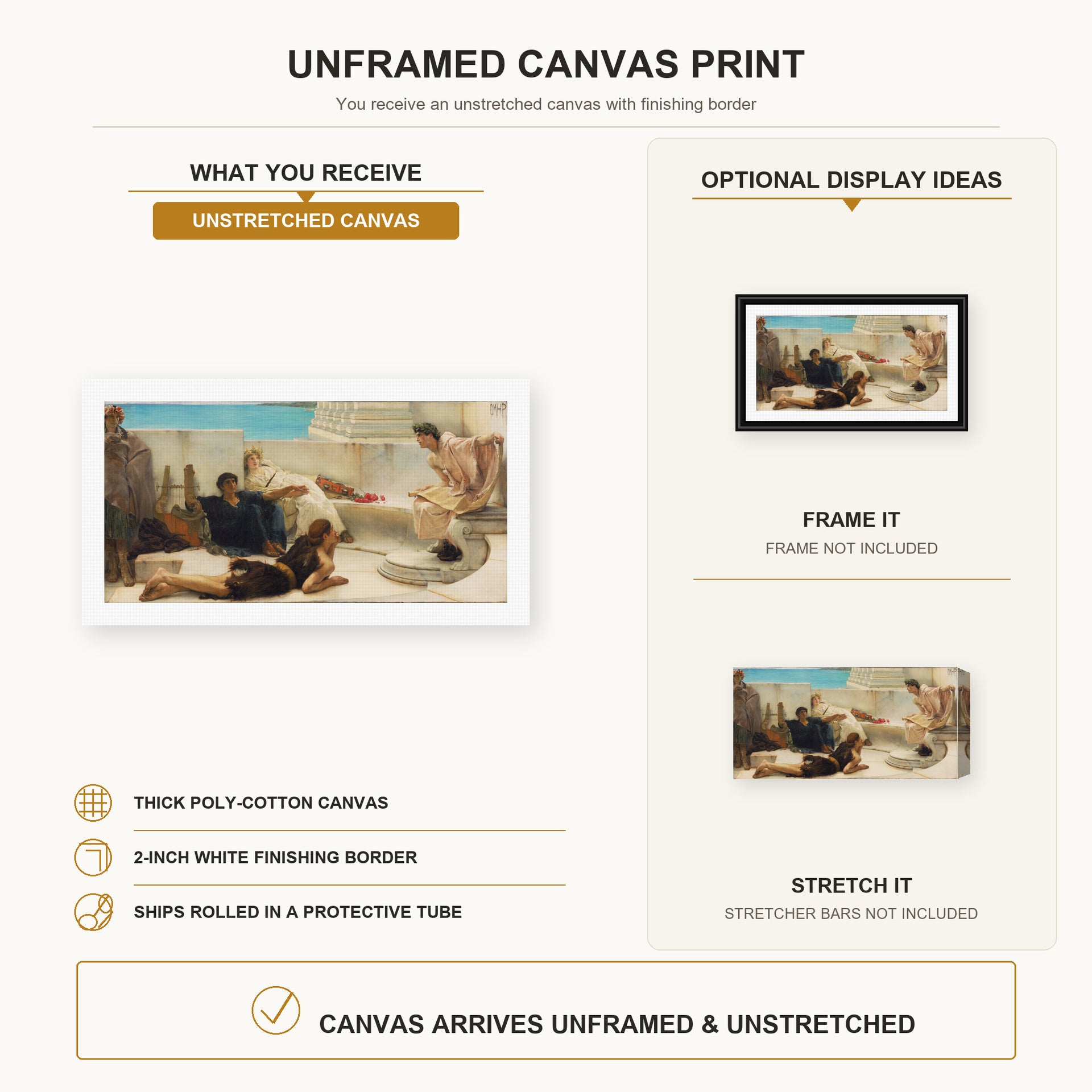 Sir Lawrence Alma-Tadema - A Reading from Homer canvas print size comparison and framing display infographic