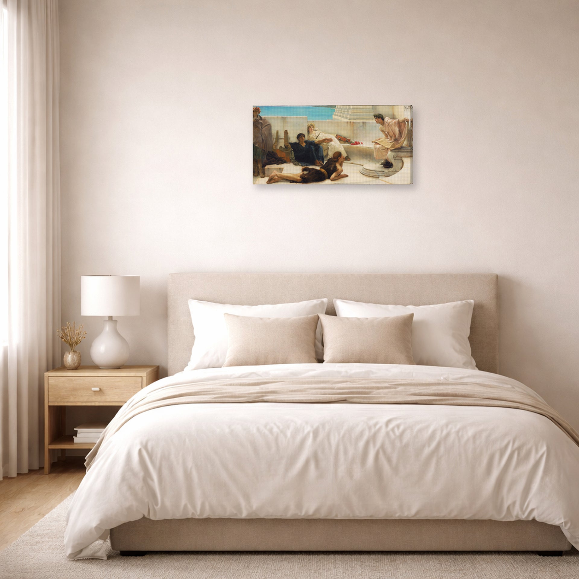 Gallery-wrapped canvas print of Sir Lawrence Alma-Tadema's A Reading from Homer displayed on a wall in a bedroom