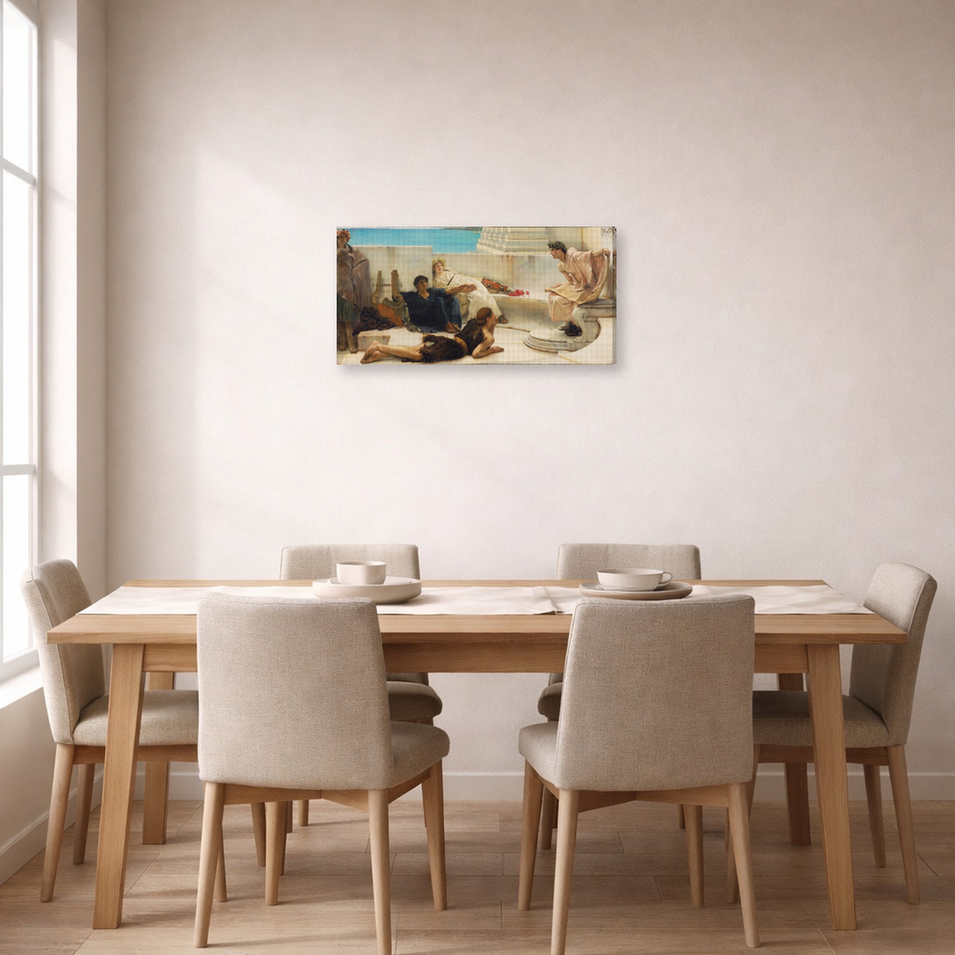 Gallery-wrapped canvas print of Sir Lawrence Alma-Tadema's A Reading from Homer displayed on a wall in a dining
